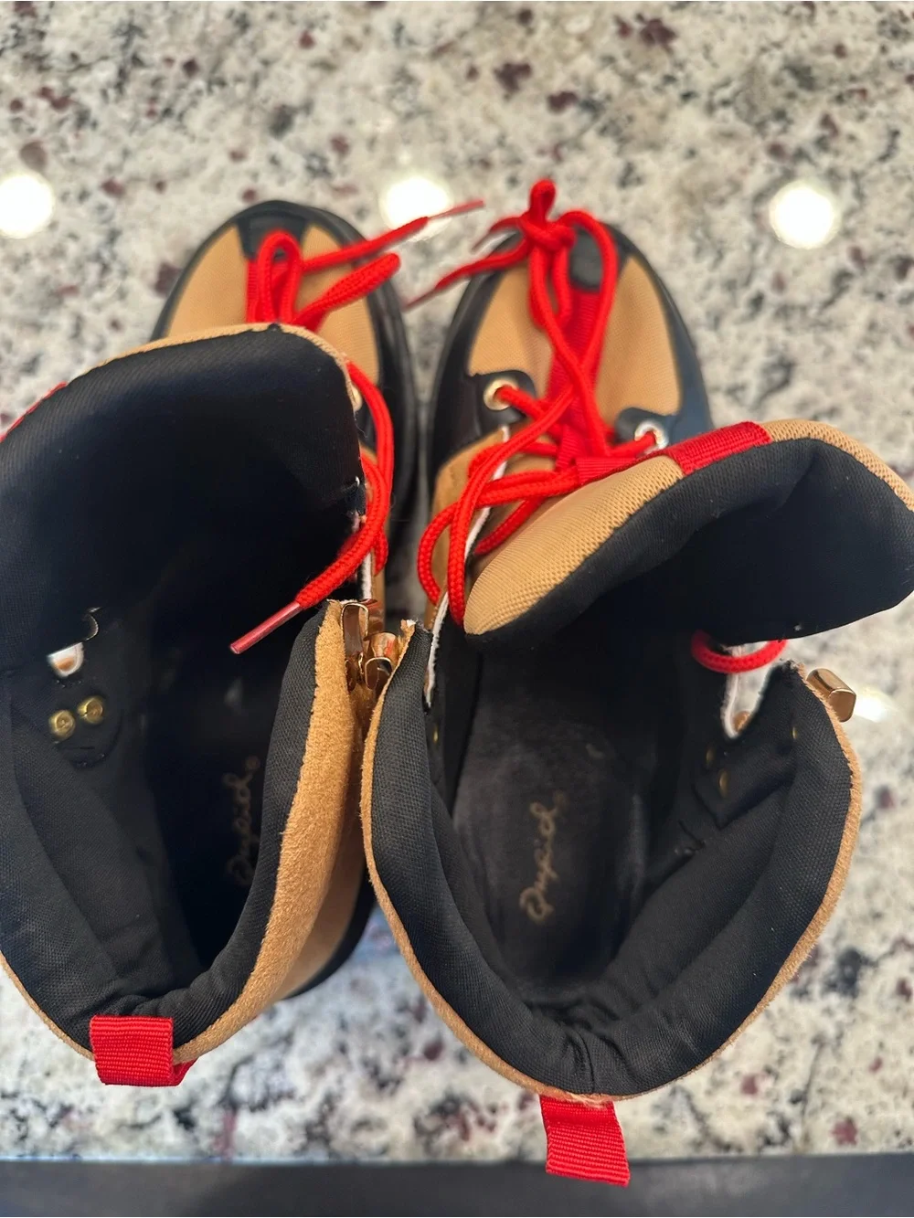 Qupid Hiking Style Ankle Boots Tan Black Red Laces Size 37 US 6.5